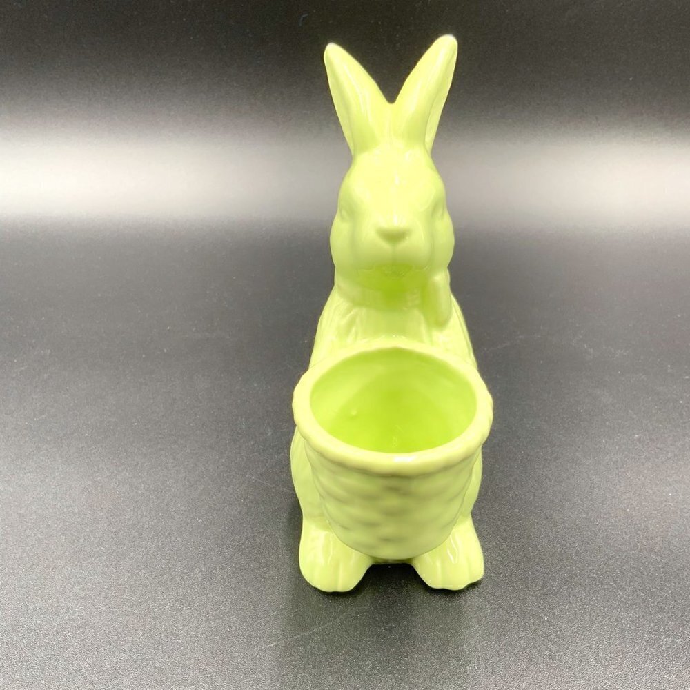 Green Ceramic Easter Bunny Figurine Holding Basket